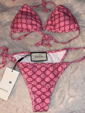 Gucci Pink Logo String Triangle Bikini